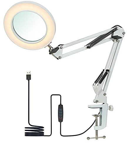 Meichoon Lupe Schreibtischlampe 10X Objektiv 64 LED Lichter 3 Dimmmodi USB Netzteil Freisprechlupe mit Klemme für Reparatur Handwerk Lesen Hobbys Naharbeit Weiß UC39