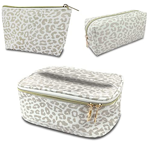 Deokke 3 Stück Set Kosmetiktasche, große Kapazität Reise Make Up Tasche Set Damen, mit tragbarem Griffdesign, PVC-Material wasserdicht, niedliches Design für Damen und Mädchen (K2-Grau Weiß)