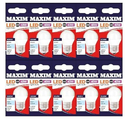 Maxim LED Round Edison Screw (Daylight White) - 6watt (40watt) - 470 Lumen (Pack 10) - 40MLRE27D5X10, Day Light