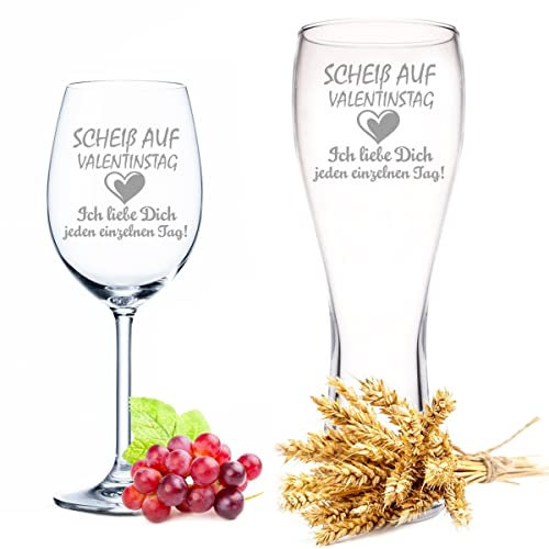 GRAVURZEILE Leonardo Graviertes Weinglas & Weizenglas im Set - Scheiß auf Valentinstag - Geschenk für Sie & Ihn zum Valentinstag - Gravierte Geschenke für Männer und Frauen