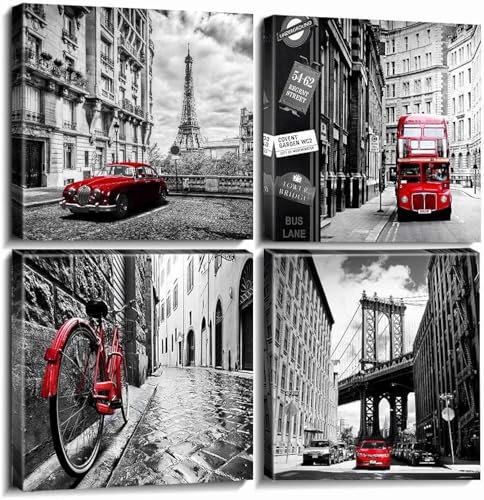 Black and White Wall Art for Living Room Red City Wall Decor Modern London Paris Cityscape Painting Canvas Prints Europe Building Landscape Posters Artwork Bedroom Office Home Decoration 30x30CM 4PCs