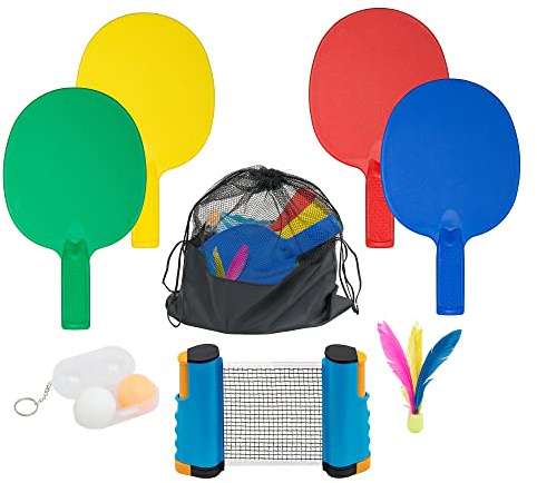 Tragbare Ping Pong Paddel aus Kunststoff, 4 Stück, Tischtennisschläger mit einziehbarem Ping Pong Netz - 2 Ping Pong Bälle mit 1 Birdie Perfekt für Büro, Rasen und Strandspiele für Erwachsene und
