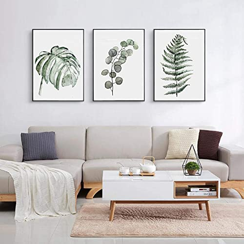 HTWLMM Grüne Pflanzen Blätter Aquarell Botanischer Leinwandbilder Poster Kunstdruck Gemälde Für Schlafzimmer Wohnzimmer Wohnung Dekor Rahmenlos (Bilder F,3X60X90CM)