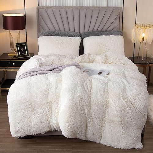 EMME Plüsch Bettwäsche Set 135x200cm Biber Flauschige Bettdecke Set für Bett Shaggy und Plüsch weiche Bettwäsche Bettbezüge und 1 Kissenbezug 80x80cm, Weiß