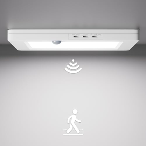 Klighten 2 Stück 20W LED Deckenleuchte Flach mit Bewegungsmelder, Ultraslim Weiß Deckenlampe Eckig mit Bewegungssensor für Flur, Treppenhaus, Badezimmer, IP42, 3000K/4000K/6500K, L22.5cm x H2cm