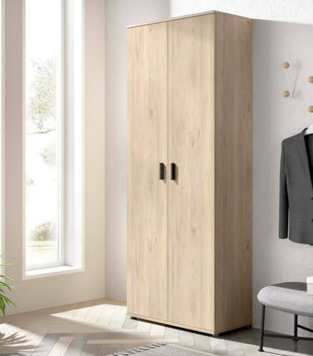 Dmora - Armadio multiuso 2 ante Forcola, Mobile multifunzione porta scope, Guardaroba porta scarpe, 78x35h190 cm, Rovere