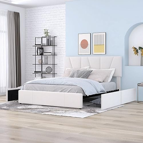 Tcewhhy Polsterbett Mit 4 Schubladen Und Verstellbares Kopfteil Doppelbett King Size Polster Plattform Bett Jugendbett Gästebett Für Schlafzimmer Stauraumbett Weiß 140x200cm