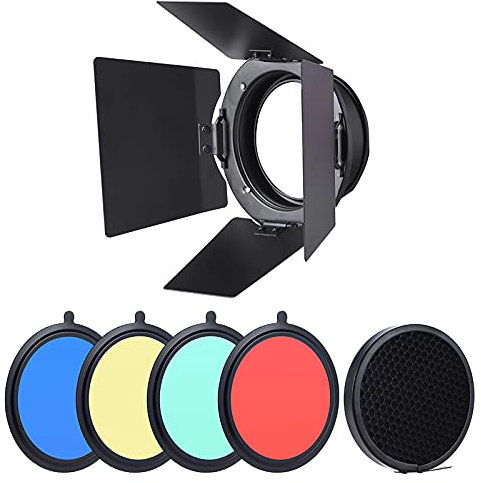 KOCAN Honeycomb Grid, 96mm Universalhalterung aus Metall Bardoor Scheunentor Barndoor mit Wabe 4pcs Color Gel Filter für 180W 250W 300W MD-250 MD-300 Studio Strobe-Blitz-Licht Monolight