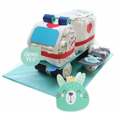 Windeltorte ® Rettungswagen mit Babysocken [Mitgliedergeschenk & Berufsrettung]- Geschenk zur Geburt - Babyparty - Baby - Babyshower - Pullerparty
