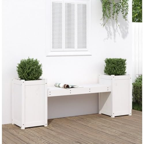 INLIFE 825164 Banc de jardin en pin massif avec pots de fleurs Blanc 180 x 36 x 63 cm 20,9 kg