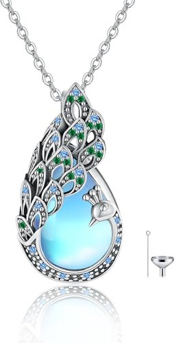 DAYLINLOVE Pfau Urnen Kette für Asche 925 Sterling Silber Mondstein Memorial Keepsake Anhänger Halskette Urne Einäscherung Schmuck Geschenke für Damen