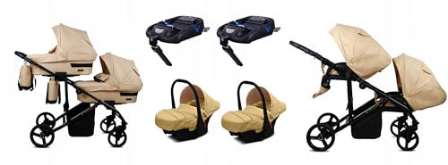 BabyLux® Kinderwagen Set 4 in 1 für Zwillinge - Trailux Duo - Beige - incl. Babywanne, Buggy Sportsitz, Auto-Babyschale, ISOFIX-Basisstation - Autositz - Geschwisterwagen Zwillingskinderwagen
