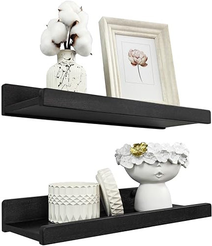 Handgearbeitet Wandregal Schwarz 40 cm, Regal Wand Holz 2er-Set, Hängeregal Wandhalterung Regalbrett, Modern Schweberegal, Schmales Bilderleiste für Badezimmer, Wohnzimmer, Küche, Schlafzimmer