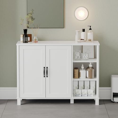 Hzuaneri Meuble de Salle de Bain, Meuble de Rangement avec 2 Portes, Meubles de Cuisine avec Compartiment Ouvert, Étagère Réglable, pour la Salle de Bains, Le Salon,Cuisine, Blanc SC12213X