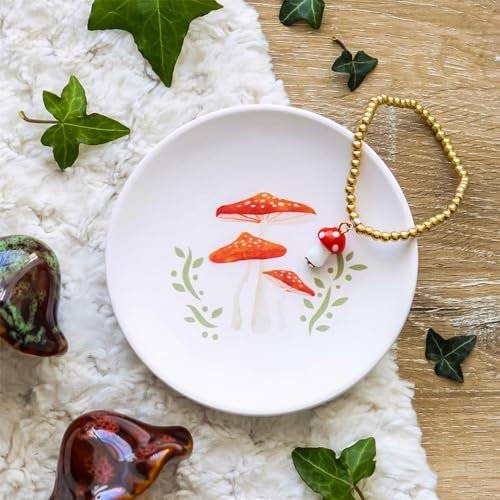 Tech Island Ceramic Jewelry Dish Round Mushroom Trinket Dish - Jewelry Plate Key Tray Small Ring Dish Holder Nightstand Home Decor Christmas Birthday Friendship Gift For Friend Girl Women