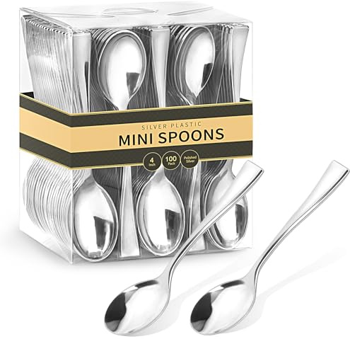 Qeirudu 4 Inch Silver Mini Plastic Spoons, 100 Pack