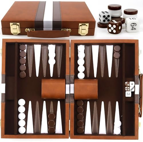 Backgammon, Backgammon Koffer, Backgammon Holz,mit Hochwertiger Ledertasche Tragbares und Reise-Backgammon-Set (Braun)