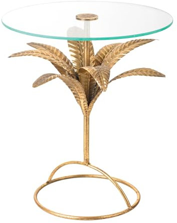 Baroni Home Table Basse Ronde avec Plateau en Verre et Cadre Métallique en Forme de Feuille d'or, Table de Salon et de Chambre à Coucher, Petite Table Élégante, 41x51,5 cm