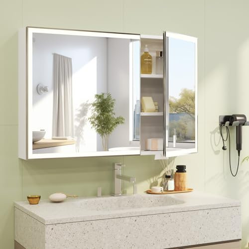 Bathroom Mirror Cabinets with Lights,Dimmable Mirror Cabinet with LED Lights,Wall Mounted Bathroom Cabinets with Mirror, LED Mirror Cabinet with Anti Fog Memory Function,Touch Sensor,Concealed Storage