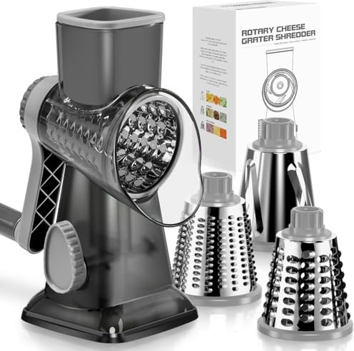 Badelite Käsereibe Gemüse Käse Zerkleinerer Hobel Reibe für Küche 3 austauschbare Klingen für Käse Kartoffel Zucchini Nüsse Schokolade (Dunkelgrau)