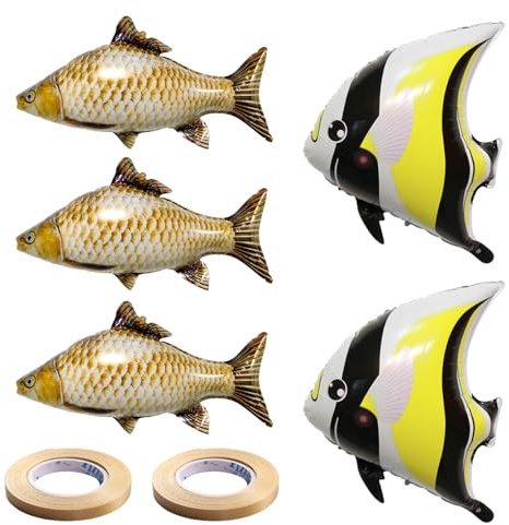 TYFGRT 3 Globos De Carpa Cruciana Y 2 Globos De Pez Hoz, Equipados con 2 Cintas Doradas, Globos De Pez Simulados, Globos De Papel De Aluminio, Globos Creativos con Forma De Animal, Globos De Fiesta