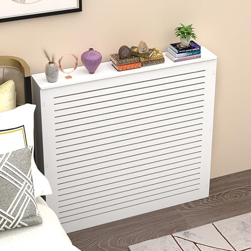 Holz Heizungsverkleidung, Heizkörper Verkleidung Abdeckung, Weiß Holz Heizungsverkleidung, Modernes Lamellen-Design, Heizung Abdeckung, Heizung Heizkörper Abdeckung für Wohnzimmer, Schlafzimmer(60x60x