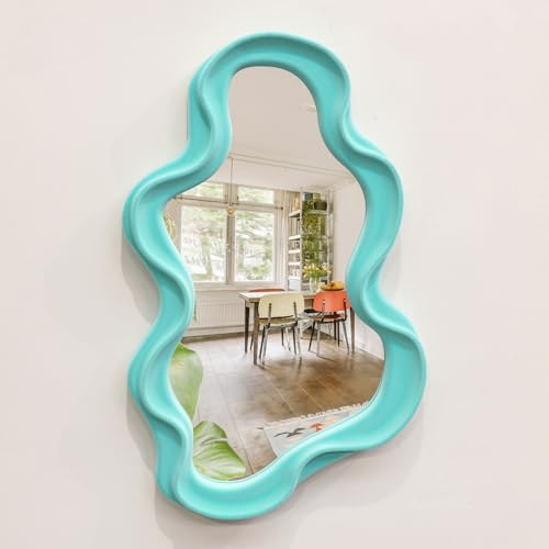 TEIPAI Wall Mirror Home Office Decor, Irregular Wall-Mounted Decorative Mirrors for Modern Apartment Bedroom Laundry Room Decoration, Hanging Wall Art Above TV Desk Table Decor (Turquoise Blue)