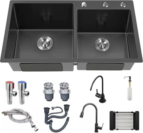 Lavello Cucina 2 vasche Lavello da cucina nero Lavandino cucina 2 vasche con gocciolatoio Lavello multifunzione in acciaio inox Con rubinetto, set completo di accessori (Black, 78 * 43cm)