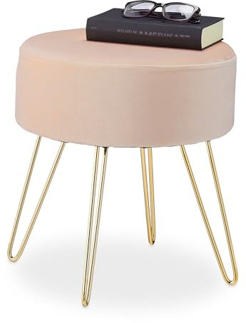 Relaxdays Hocker Samt, Haarnadelbeine, gepolsterter Sitzhocker, H x D: 40 x 37 cm, Couchhocker Wohnzimmer, beige/Gold