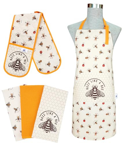 5-Piece Kitchen Linen Set – 3 Tea Towels, Apron, and Double Oven Gloves for Everyday Cooking, Baking, and Grilling – Durable, Heat-Resistant, and Easy to Clean-Bumble Bee Design