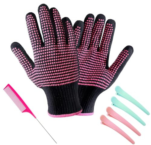 DHWEKU hitzehandschuh lockenstab hitzeschutz handschuh hitzebeständige Handschuhe für das Haarstyling mit rutschfester Silikonnoppe, Rosa,Mit 4 Clips und 1 Kamm