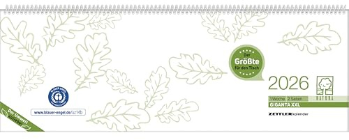 Zettler Tischquerkalender Giganta XXL 1W/2S Blauer Engel 2026 – Bürokalender 42x15 cm aus Recyclingpapier, Blauer Engel zertifiziert, 1 Woche auf 2 Seiten & Stundeneinteilung 7–22 Uhr