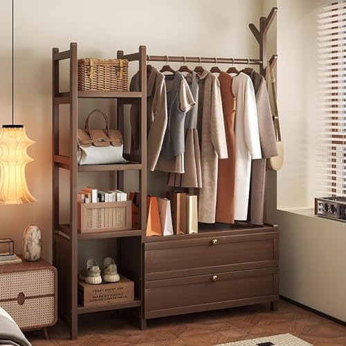 angrounps Portant à Vêtement Bois, Penderie Bambou Armoire Rangement, Tringle Meuble, Porte-Manteau avec Etagères De Rangement pour Salon Chambre Portique,100x30x158cm