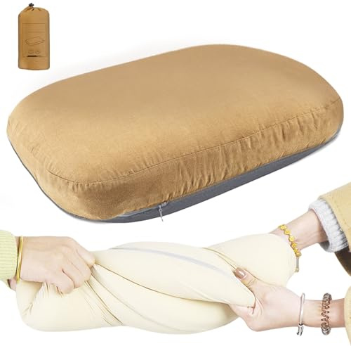 PORFOYO Camping Kopfkissen Komprimierbares Kissen, Reisekissen Mit Abziehbarem Kissenbezug, Nackenkissen Aus Memory-Foam, Komprimierbar Reisekissen Für Camping Und Rucksackreisen (Khaki)