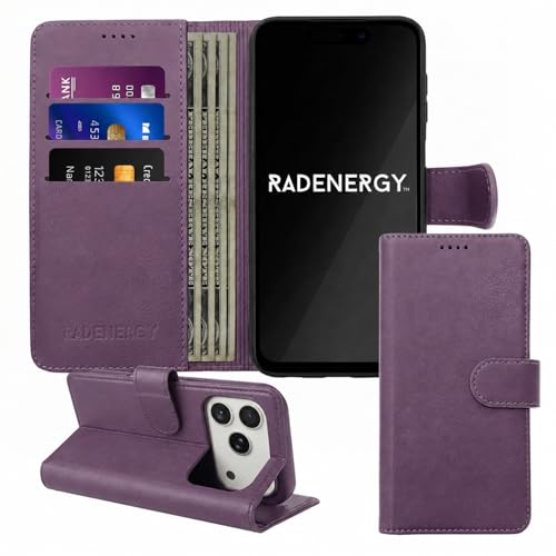 RadEnergy EMF Schutzhülle für iPhone 14, aus echtem Leder, mit Kartenfächern und Standfunktion, mit EMF-Schutz, Anti-Strahlung, Violett