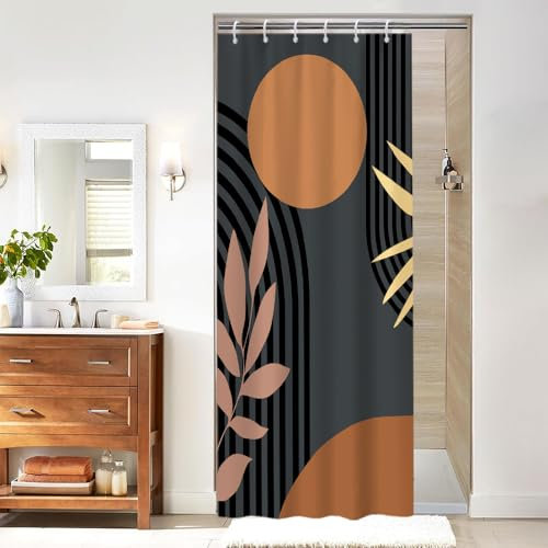 Uiiooazy Rideau Douche Orange, Rideau de Douche Abstrait Géométrique Lignes Noir Rayé Rideaux de Baignoire Anti Moisissure Imperméable Tissu Polyester Rideaux Salle de Bain avec 6 Crochets 90x180cm