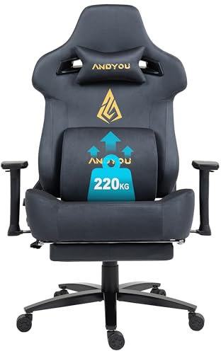 Andyou Gaming Stuhl Wippfunktion von 12° Chefsessel 220kg Belastbarkeit, Ergonomisch PC-Stuhl aus Wildlederimitat Stoff, Gaming Sessel mit 3D Armlehnen, 90-155° Rückenlehne (Gray)