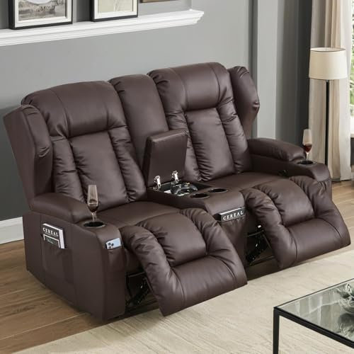 TCGBKAF Kinosessel 2 Sitzer Relaxsessel Fernsehsessel mit Liegefunktion,Kunstleder Fernsehsessel Verstellbar 2er Relaxsofa mit Konsole, 2 Sitzer TV Sessel Liegesessel Wohnzimmer (167cm Zweisitzer)