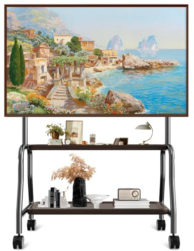Whemyreat Soporte de TV enrollable para televisores de 32 a 75 pulgadas de hasta 50 kg, soporte de TV con ruedas con estante de madera, soporte de suelo para TV de altura ajustable, máx. VESA 600 x