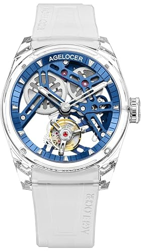 AGELOCER Tourbillon Watches Men Original Full Transparent Crystal Case Limited Edition, Luxury Sport Skeleton Waterproof Manual Mechanical Watch, Luminous Reading, Gift