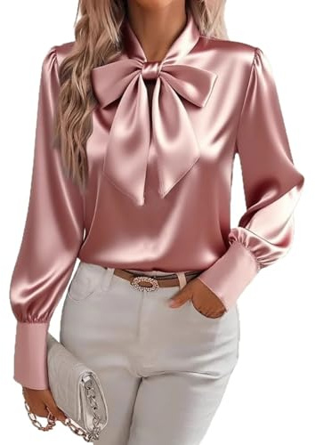HESYSUAN Camicie da donna in raso con fiocco, eleganti camicette di seta a maniche lunghe casual eleganti top da lavoro da donna 2025