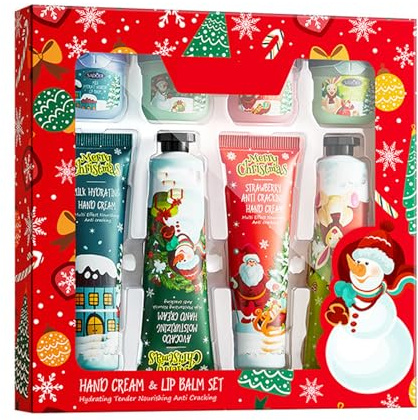 Weihnachts-Handcreme-Geschenkset, 4 Stück Handcreme,4 Stück Feuchtigkeitsspendendes Lippenbalsam-Set, Multipack-Handcreme-Geschenksets für Frauen, Beruhigende, feuchtigkeitsspendende Lippenpflege