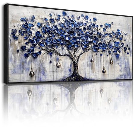 SERIMINO Tableau Decoration Murale Salon Arbre de Vie Cadre 73x146 cm | Motif Arbre Dégradé Bleu, Cadre Bois Massif, Impression HD, Installation Simple, Cadeau, Grand Format