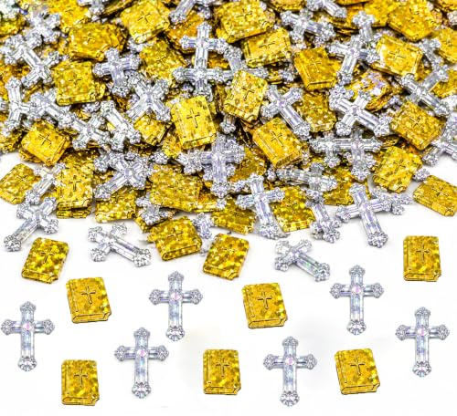 Amrzsallez Silver Cross & Gold Bible Confetti Decorations Metallic Foil Religious Table Scatter, Christian Baptism Christening First Communion Party Supplies, Shiny Church Event Décor