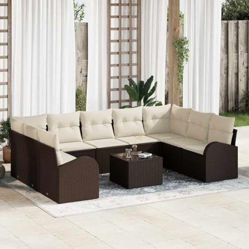 Kaloriko Garten Ecksofa Set, 10-teilig, Braun & Weiß, Poly-Rattan, modular, wetterfest, UV-beständig, mit Kissen & Stauraum, für Terrasse & Balkon