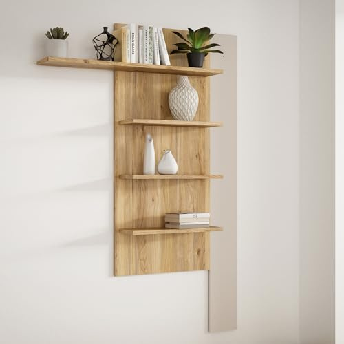 Forte BREATHTAKER Wandregal 130 140, moderner Skandi-Stil, Wandpaneel mit 4 Regalböden, Holzwerkstoff, Beige/Mauvella Eiche Holzdekor, 132,5 cm breit x 190 cm hoch x 21,9 cm tief