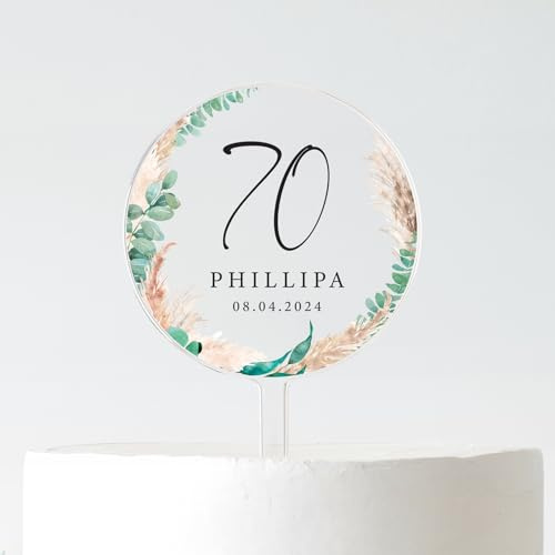 Personalised Birthday Cake Topper | Custom Age & Name Cake Decoration | Acrylic Round Cake Topper | 10cm or 12cm | Black or White Tex (Pampass Wreath 70, 10CM)