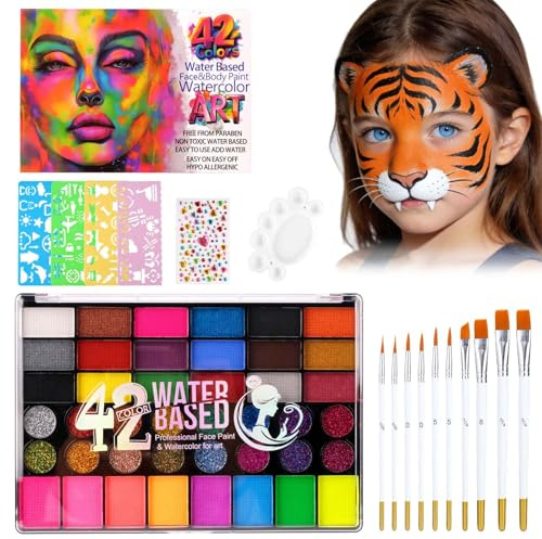 Body Painting, 42 Colori Truccabimbi Kit con 10 Pennelli e 4 Modelli per Tatuaggi, Non Tossico Trucco Viso a Base d'acqua, Trucca Bimbi Viso Bambini per Carnevale, Pasquale, Halloween