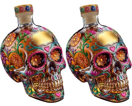 Gothic Skull Decanter Bottle,Floral Painted Glass Skull Decanter,Day of the Dead Bottle,350ml Empty Sculpted Glass Skull Decanter for Home,Bar Decor,Halloween Party (2PC)