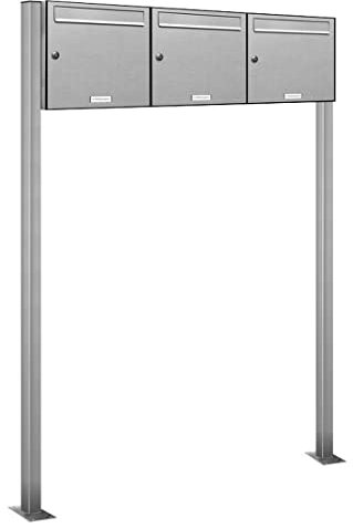 AL Briefkastensysteme 3er V2A Edelstahl Standbriefkasten rostfrei als 3 Fach Briefkastenanlage DIN A4 in Postkasten Briefkasten Design modern